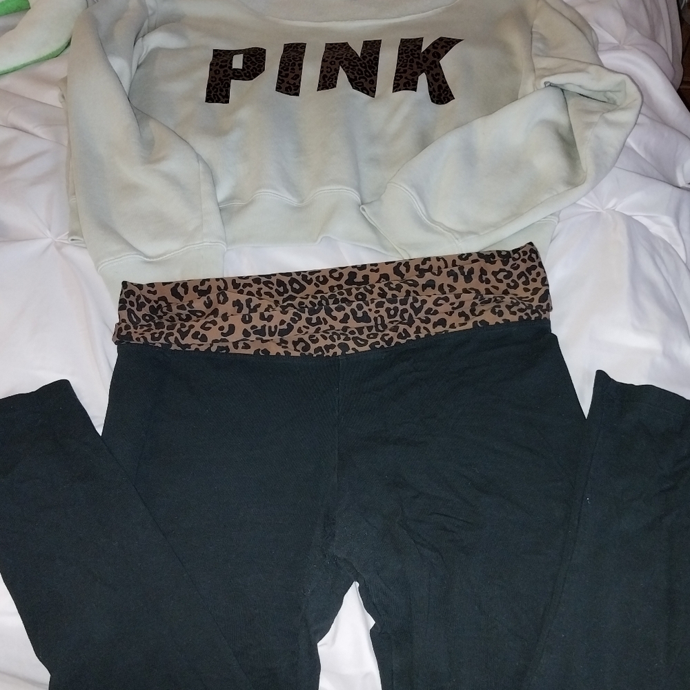 Leopard Print PINK Sweatshirt and Black Leggings Set